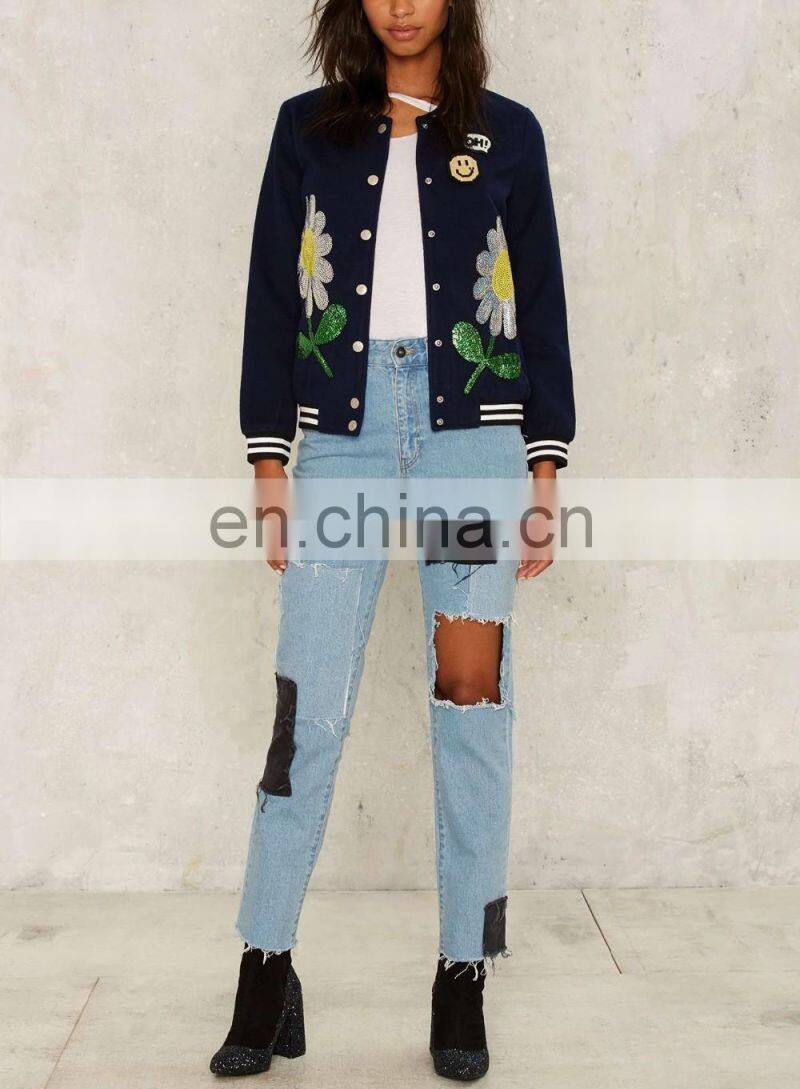 2016 Women Hot Sale Sequin Jacket Women Bomber Autumn Outwear China Wholesale Clothing for Women Polyester Navy Blazer