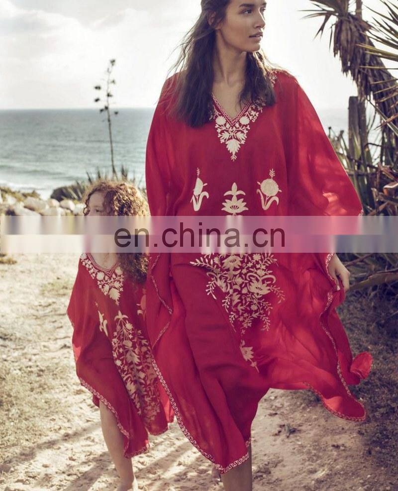 2019 Red Bohemian Floral Embroidered Loose Summer Beach Dress Moroccan Caftan Plus Size Women Street Wear Midi Dress Sarong