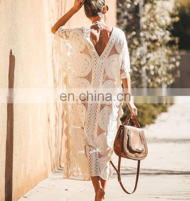 Luxury Long Sea Beach Wrap Dress Elegant Bathing Suit Cover Up White Lace Tunic Beach Sarong Plage Robe Kaftan Women Tunika