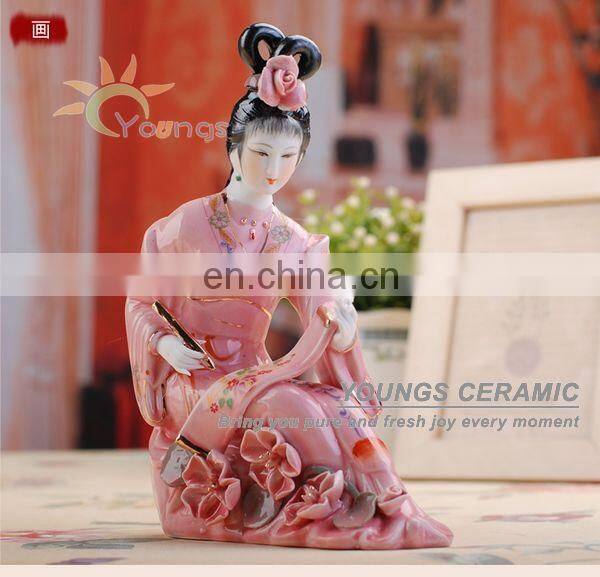 Chinese Hand Maded Ceramic Antique Colorful Beauty Porcelain Figure Statues