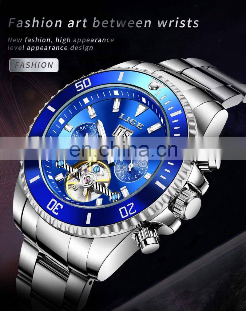 LIGE 8916 Business Watch Men Automatic Mechanical Tourbillon Luxury Fashion Stainless Steel Watches writs watches