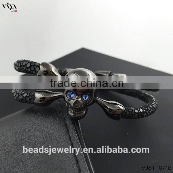 2016 China Factory Personal Logo Words Bracelet, Stingray/ Python Skin Leather Bracelet With Stainless Steel Skull Double Eyes