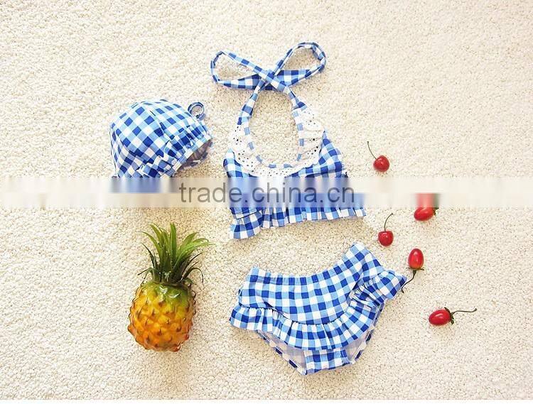2016 Newest Cute Baby Girl Summer Blue Plaid Swimwear Japan Girl Bikini Swimwear Sexy Baby Beachwear