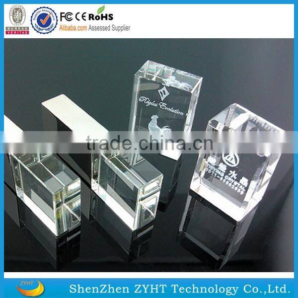 2016 hot sell products promotion gift mini glass crystal usb flash drive with LED light 3D custom logo laser engraved