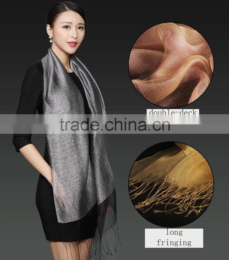 custom design fashionable metal style double-layer organza fabric colorful silk scarf ,silk shawl women made in china wholesale