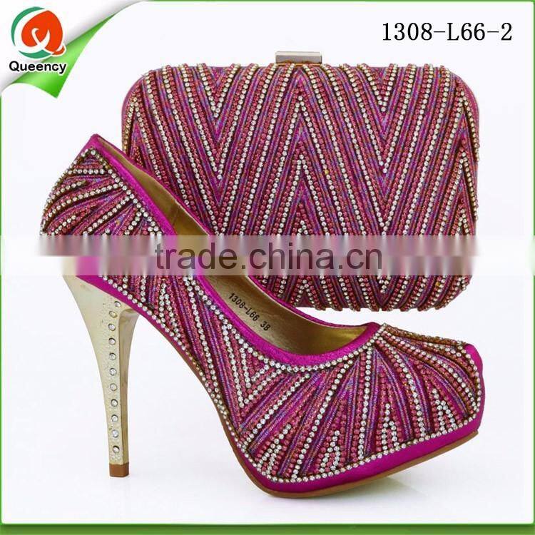 Champagne wholesale fashion women high heels italian shoes and bag set with stone