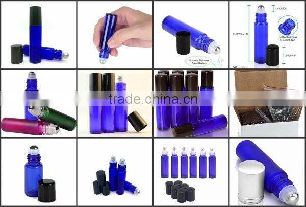 10ml Blue Glass Roller Bottles with Metal Roll On Inserts & Silver Caps