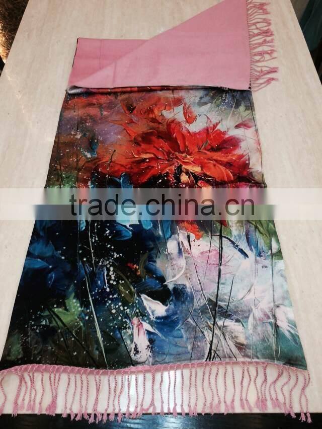 retail luxury gorgeous design high quality 100% silk cashmere attractive flower oil painting digital printed scarf
