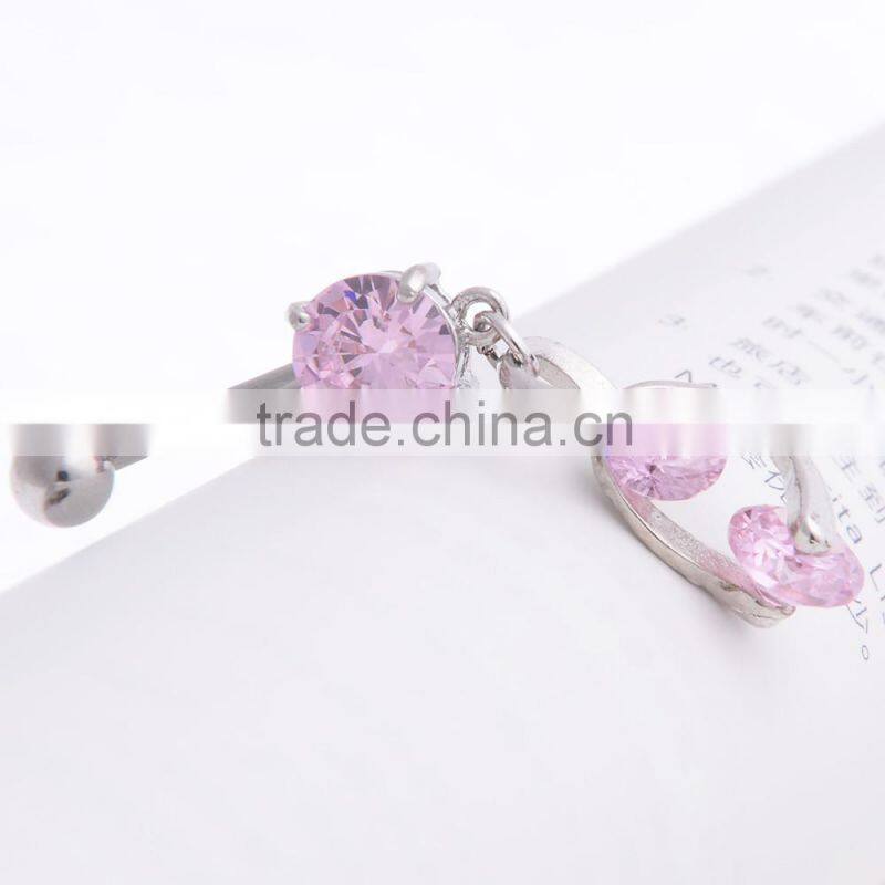 Big Zircon Inlay Dual Hearts lining Dangle Belly Button Naval Ring.