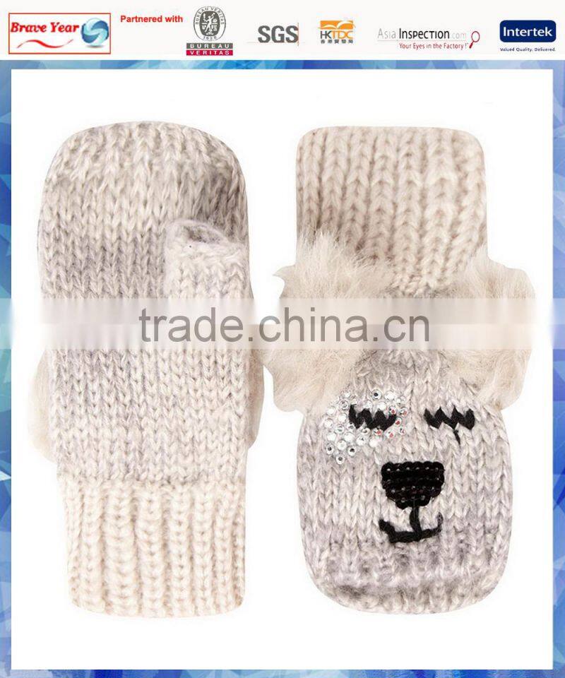 bear capped half fingers women knitted gloves with cute faux fur pom pom