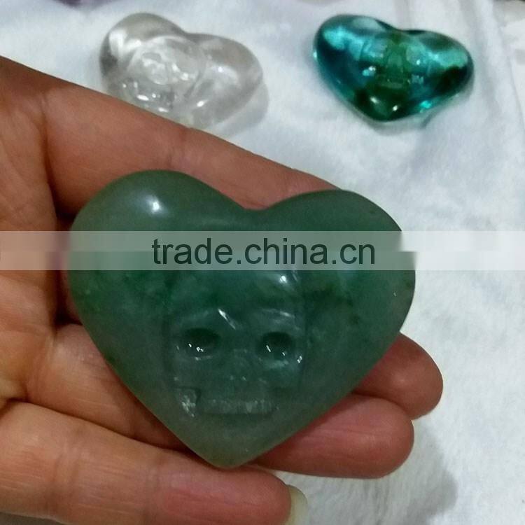 Natural Green Adventurine Crystal Heart With Engraved Skull For Gift