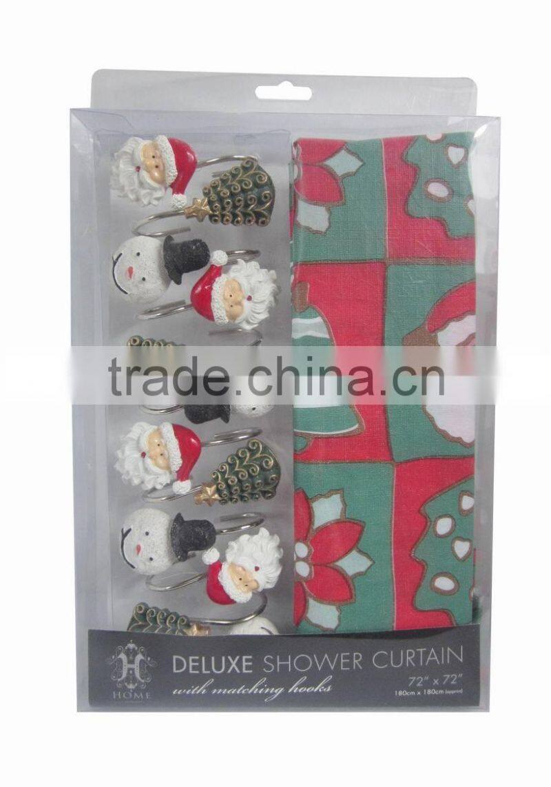 Christmas series shower curtain&12pcs decorative resin hooks set