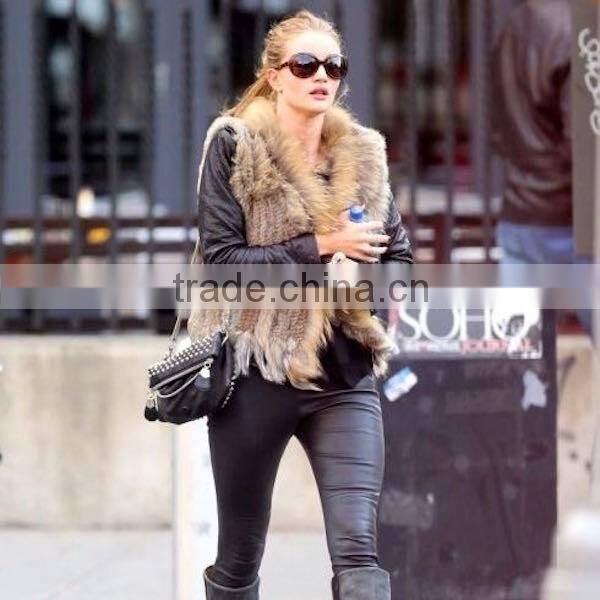 Wholesale Genuine Knitted Rabbit Fur Vest with Raccoon Fur Collar