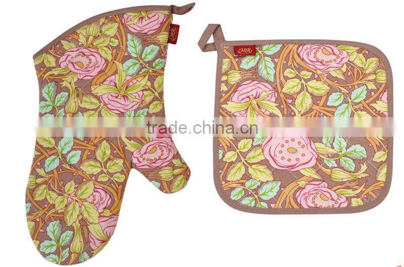2015 HIGH QUALITY NEW DESIGN PRINTING FLOWERS AND PLANTS COTTON (OVEN MITT& POT HOLDER) KITCHEN SET MK-1502&1506