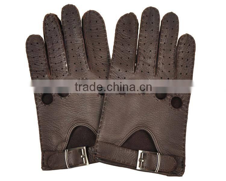Top luxury buckle hand sewing breathable driving gloves dark brown deerskin leather gloves for men