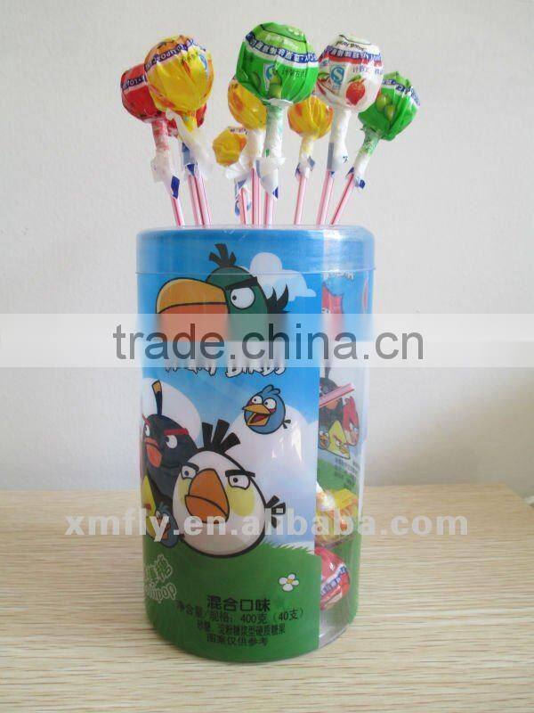 Fruit flavour round lollipop with chewing gum candy