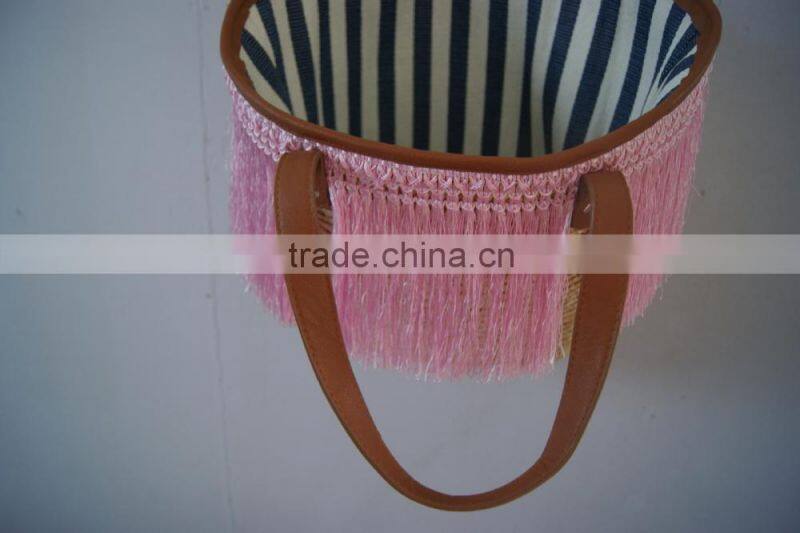 new style! wheat straw women handbag with stripe lining PU handle and tassels
