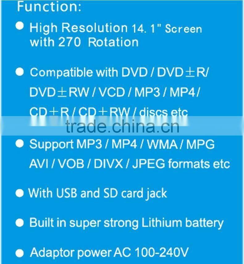 Portable EVD Player 14.1 HD 1080P Large Screen Cheap EVD Portable DVD Player With TV Tuner For Sale