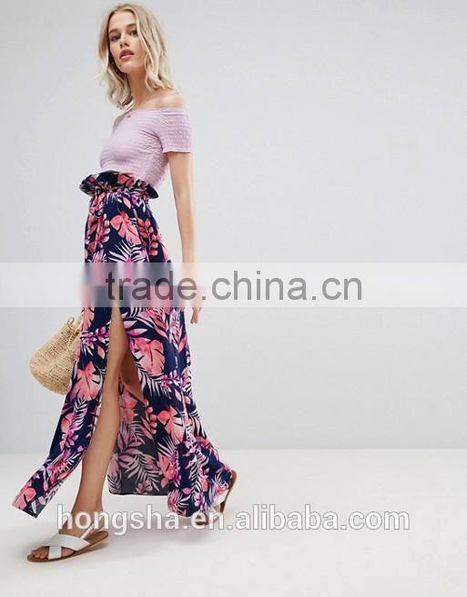 Floral print Maxi Skirt with Belt in Print HSH6118
