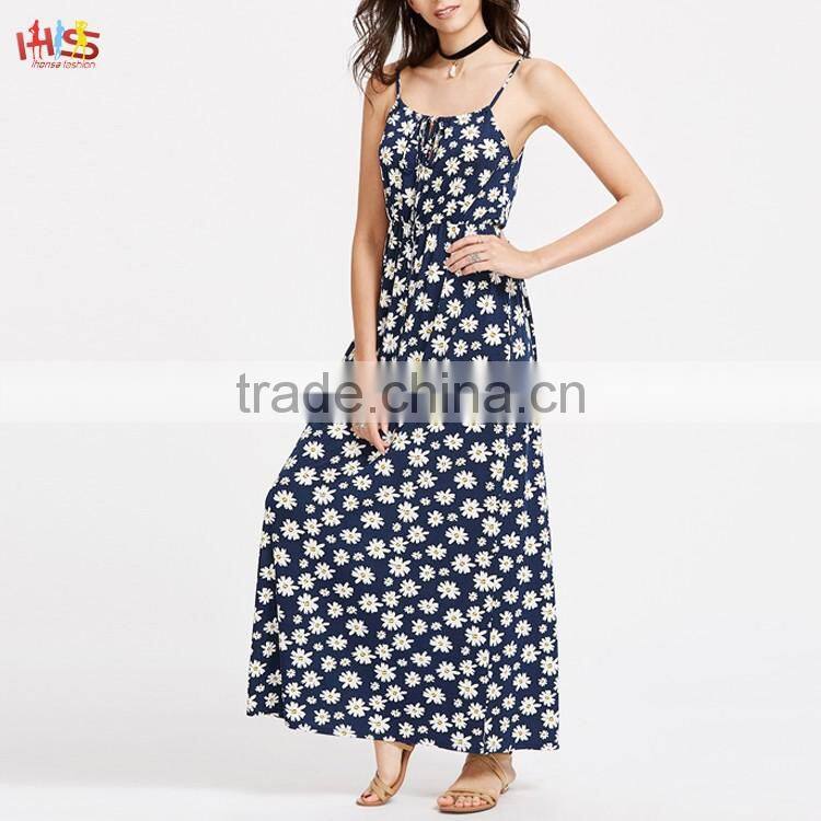 Ladies Fashion Dresses Women Summer Pictures Daisy Print Tie Front Elastic Waist Cami Dress