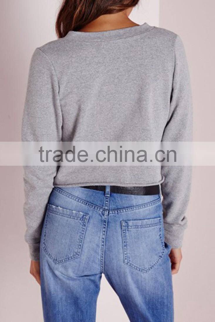 Wholesale cheap comfortable bulk plain slim fitness drawsting V neck crop top hoodies for women