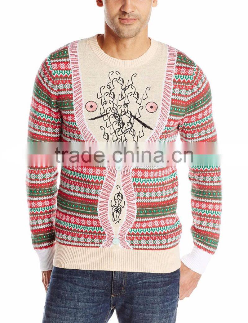 Men Light Kahki Sweater Faux-Cardigan Pattern Christmas Jumper