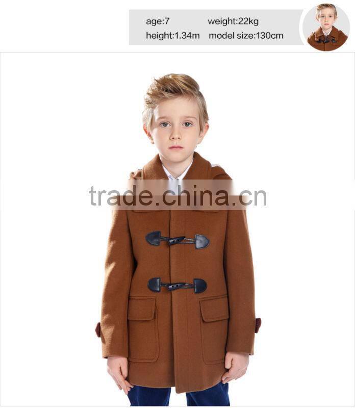 ELPA Tan wool long slim fit winter overcoat with removable cap for boy