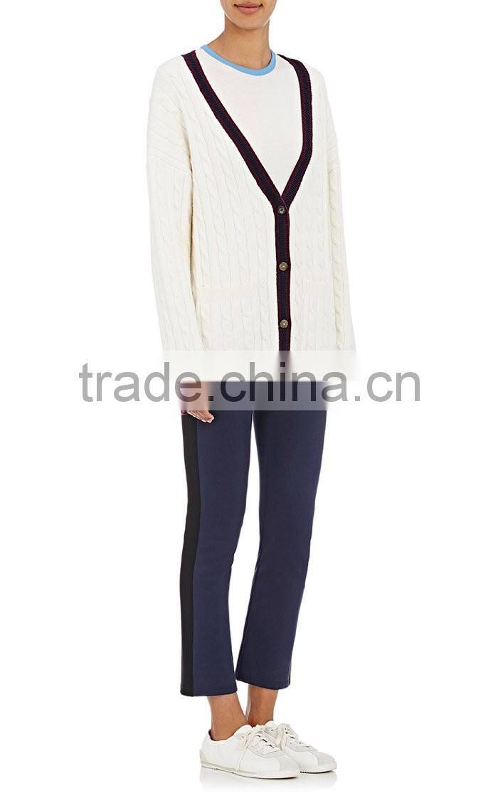 Wholesale Pure White V-Neck Rib-Knit Cashmere Women Sweater with Buttons Fastening and Slant Pockets
