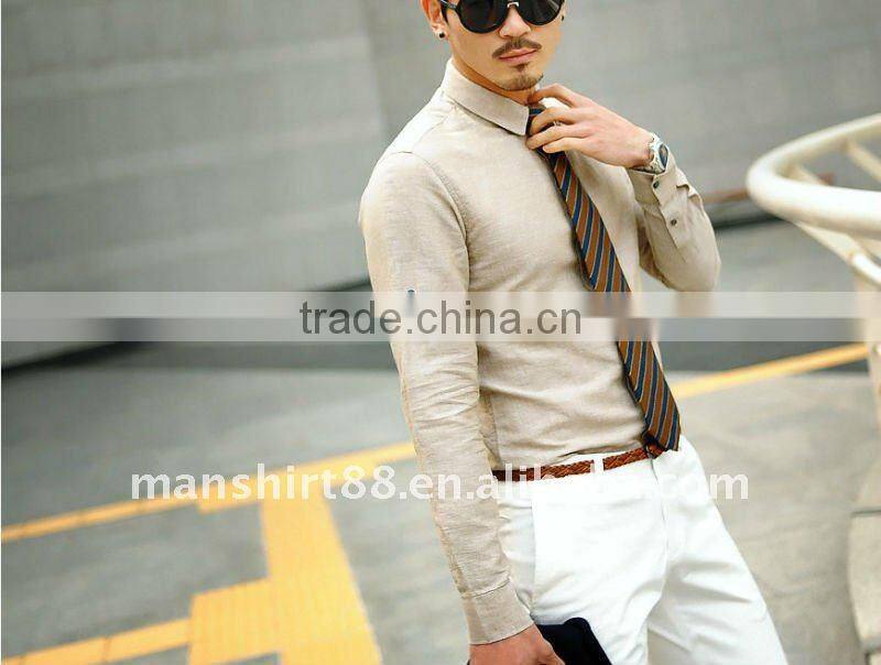 mens linen slim fit beige long sleeve dress shirt
