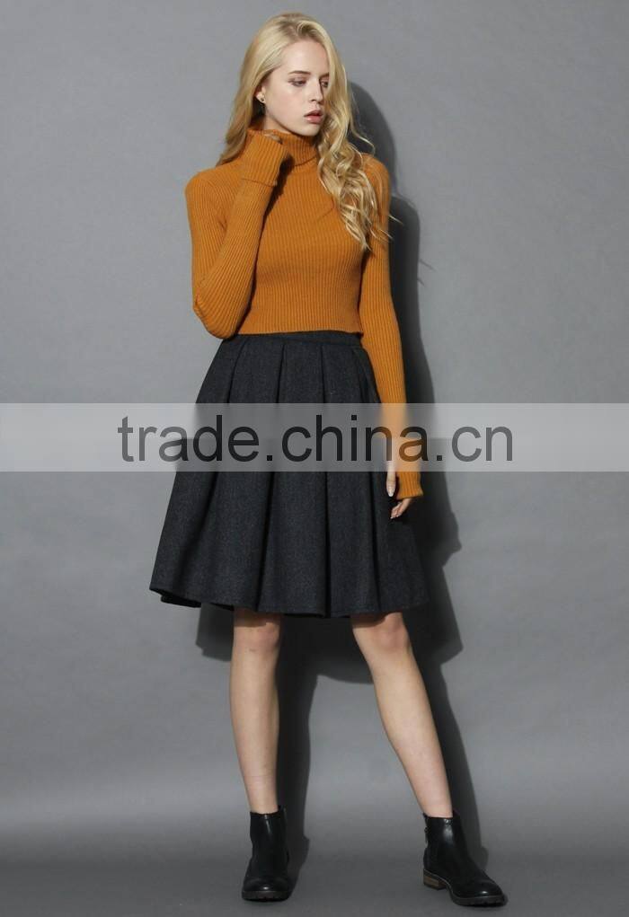 2016 Guangzhou Shandao Brand Name New Aututmn Fashion Women Ruffle Keen Length High Waist Dark Grey Cotton Formal Skirts Designs