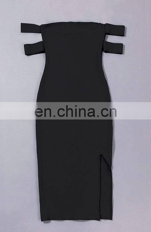 Amigo 2017 new designer sex black off-shoulder double sleeve jigh slit bandage dress long evening dresses for women party wear