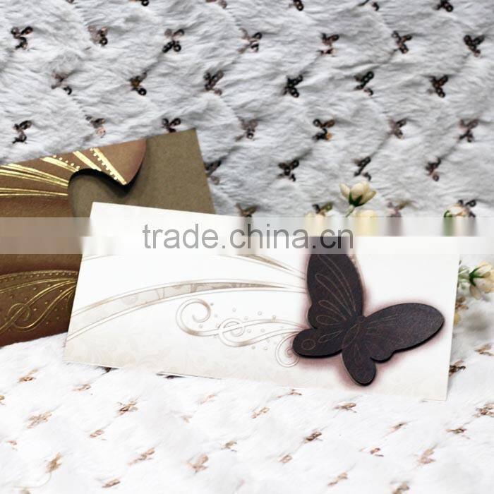 Unique 2016 Butterfly Shape Wooden Wedding Invitation Card with Hot Foil Words
