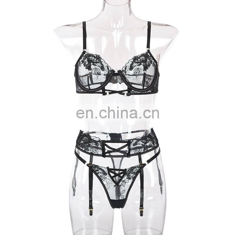 Lace See through Lingerie with Steel Ring Gathered Push up Bra Sexy Bra and Panties Sets