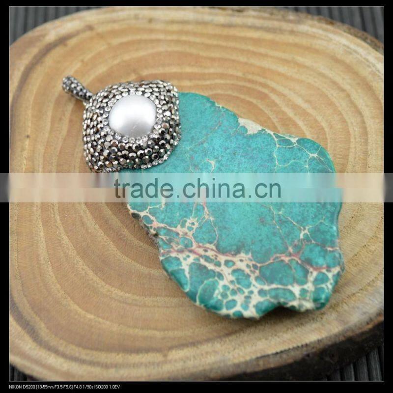 LFD-0035P ~ Wholesale Druzy Turquoise Slice Stone with Pearl Pave Rhinestone Charms Pendants For Necklace