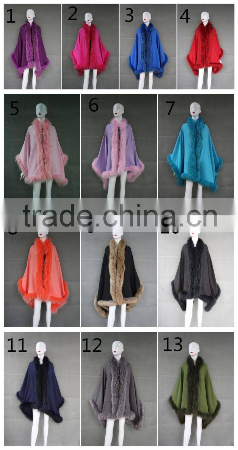 Wholesale Ladies Latest Cashmere Shawl & Fur Cape With Raccoon Fur Trims