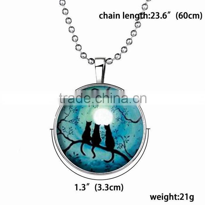 Round crystal pendant black cat and branch charm Light in the Dark Necklace