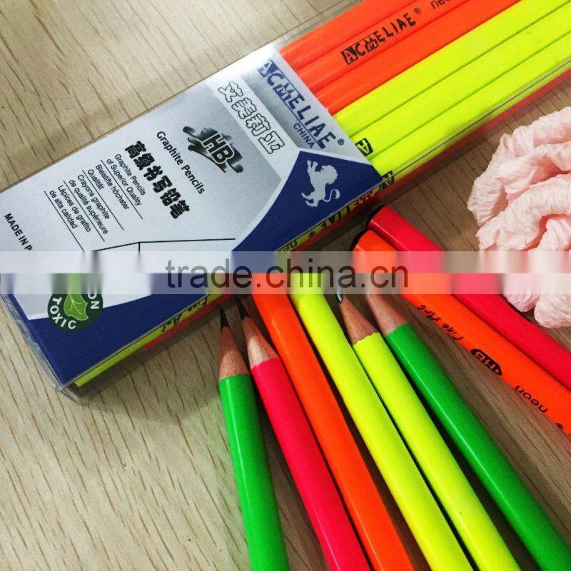 7" standard size round shape neon color body soft wood pencil sharpened with dipped top