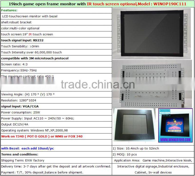 19"open frame lcd touch screen monitor for gaming machine Touch screen monitor for casino gaming machine wintouch
