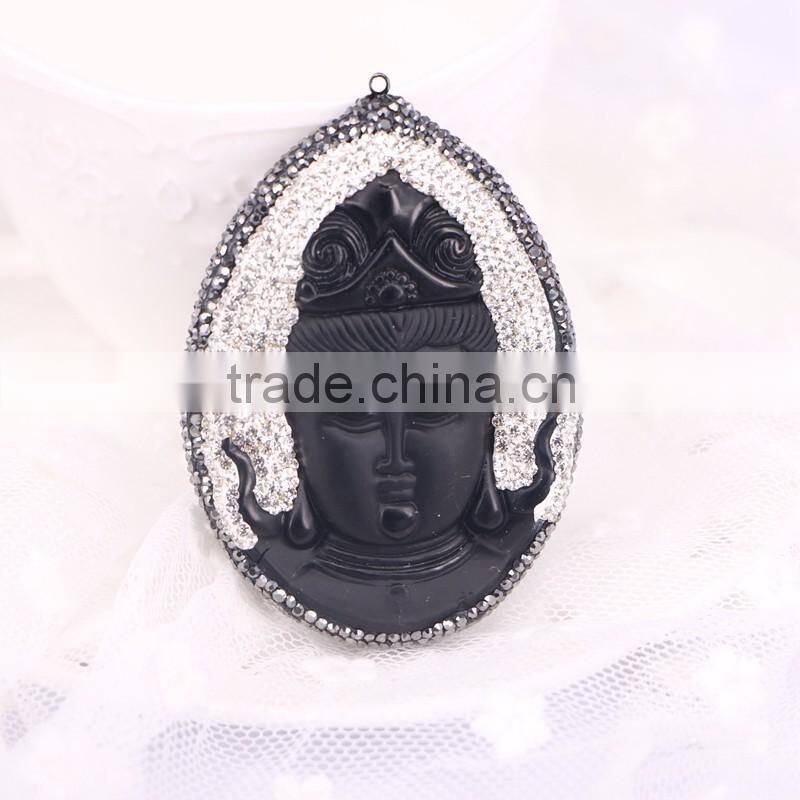 Natural Obsidian Gem Stone Pendant, Guanyin / Mother Buddha Pendant, with Crystal Paved Druzy Pendant