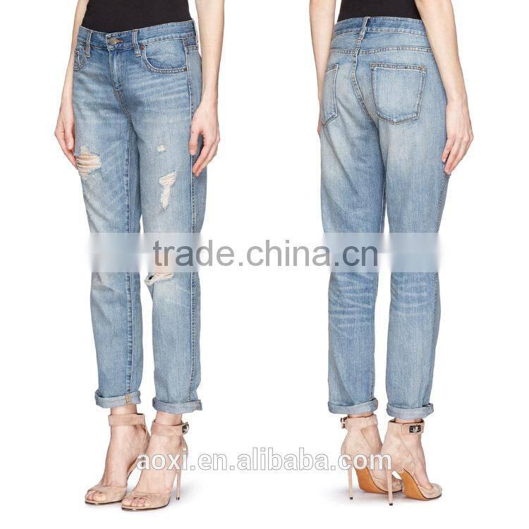 2014 Sexy women high waist wholesale price alibaba China supplier cheap blue distressed 100% cotton denim jean pants factory