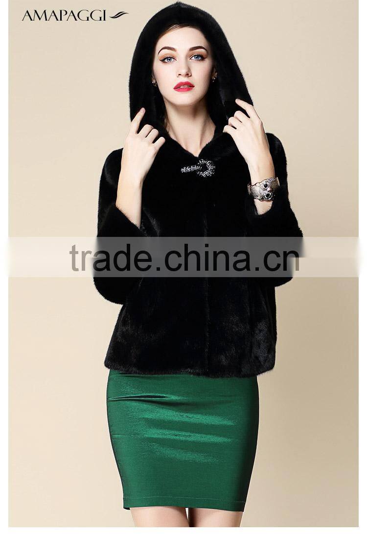 hot sale short black mink fur hooded coat for winter