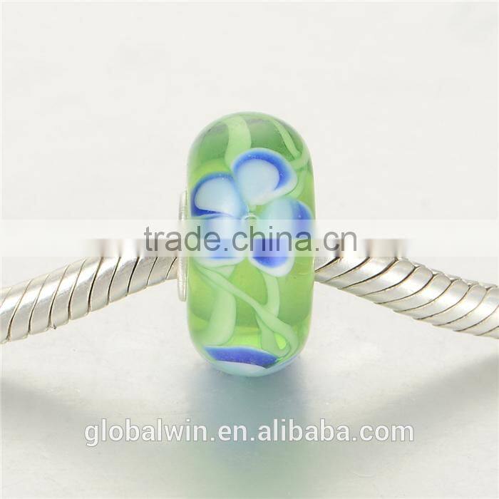 Handmade Fresh Green Color Blue Flower Murano Glass Beads Silver Charms Fit Bracelet
