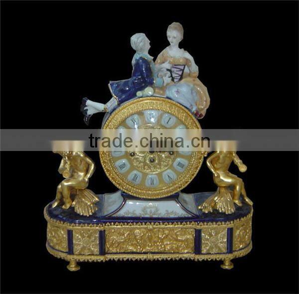 Emperial Cellectable World Treasure Gold Plated Brass Engraved Table Clock, Noble Crown Turquoise Ceramic Decorative Desk Clock