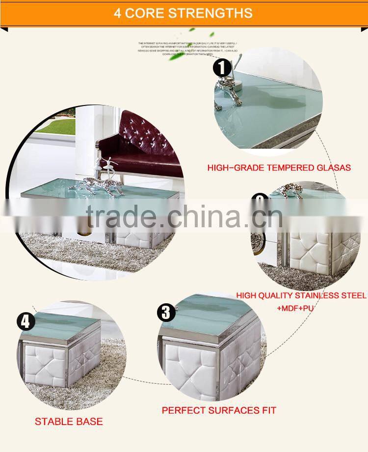 C369 Modern Stainless Steel Wooden Trunk Storage Glass Coffee Table