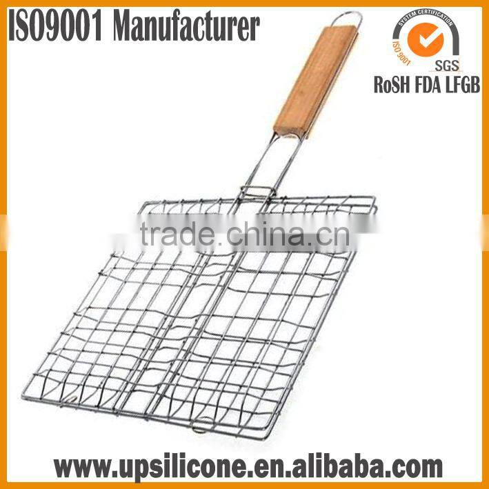 Non-Stick BBQ Fish Grilling Basket / Grill Stainless Steel Wire Mesh/BBQ Grill Mesh With Wooden Handle/Grill Lattice