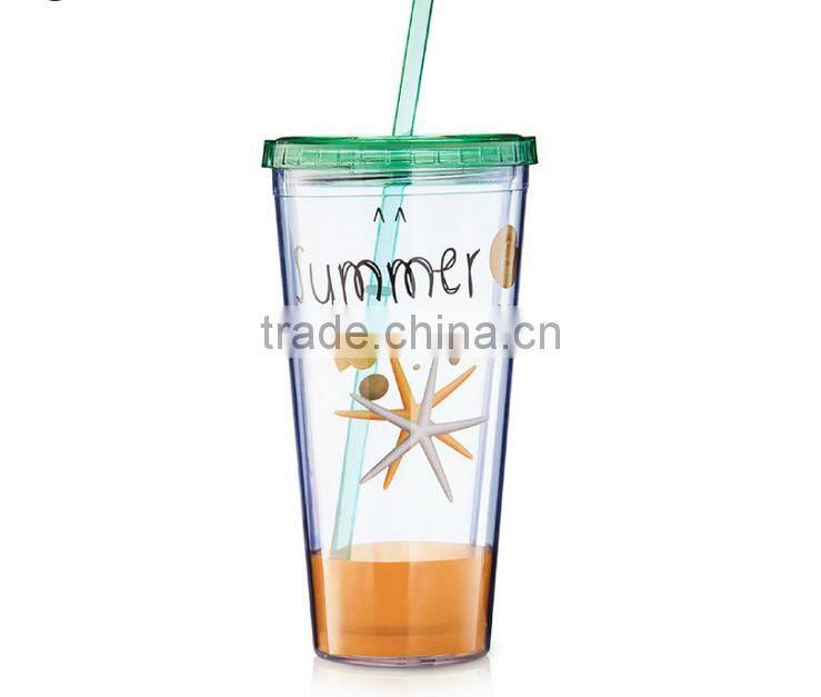 Plastic Cup Double Wall Material Ice Cream Cup With Straw