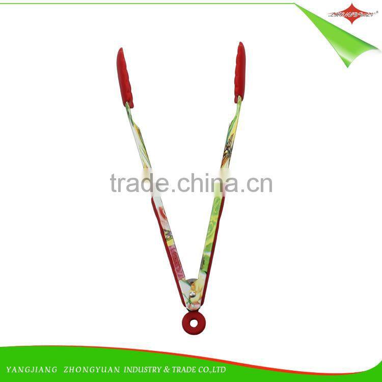 ZY-H2012 pretty design 9-inch BBQ silicone food tong ice tongwith beautiful flower printed handle