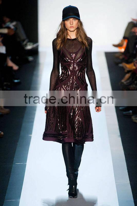 2015 High quality Round neck Long sleeve Knee length Celebrated dress with Mesh