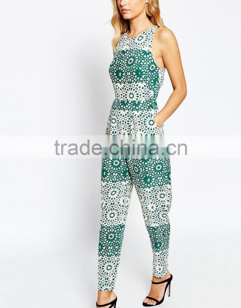 2015 fashionable hot sale OEM customized Mosaic Print Mariah Cross Back Jumpsuit