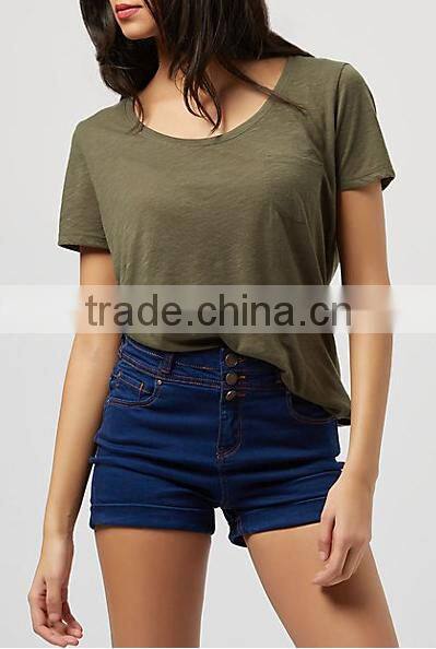 3 Buttons Blue Denim High Waisted Turn Up Shorts